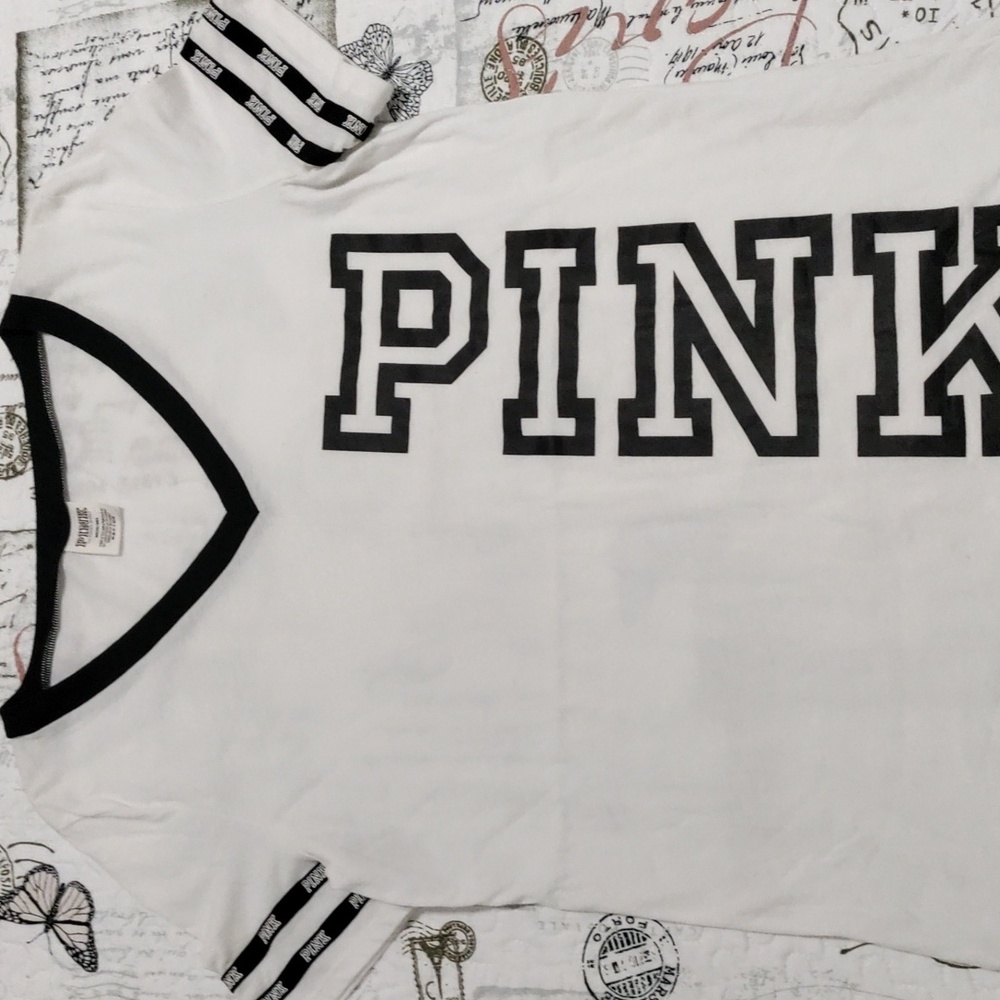 PINK Victoria's Secret Kids V-Neck Tee - White with Black Trim